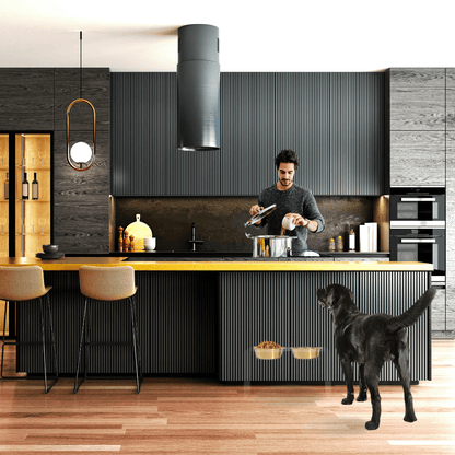 Tall clear double gold feeder in a modern kitchen