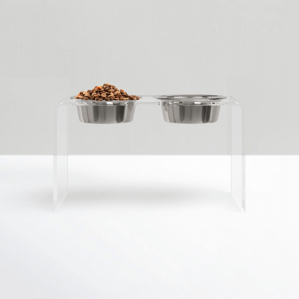 Tall Clear Double Feeder with Silver Bowls