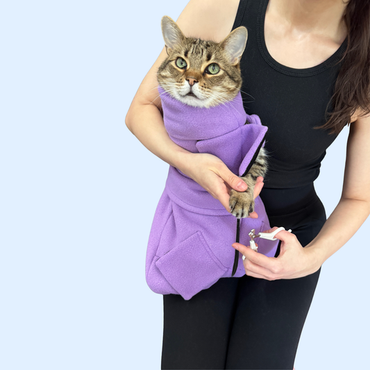 Home Cat Wrap mostrado en un gato para manejo y cuidado rutinarios