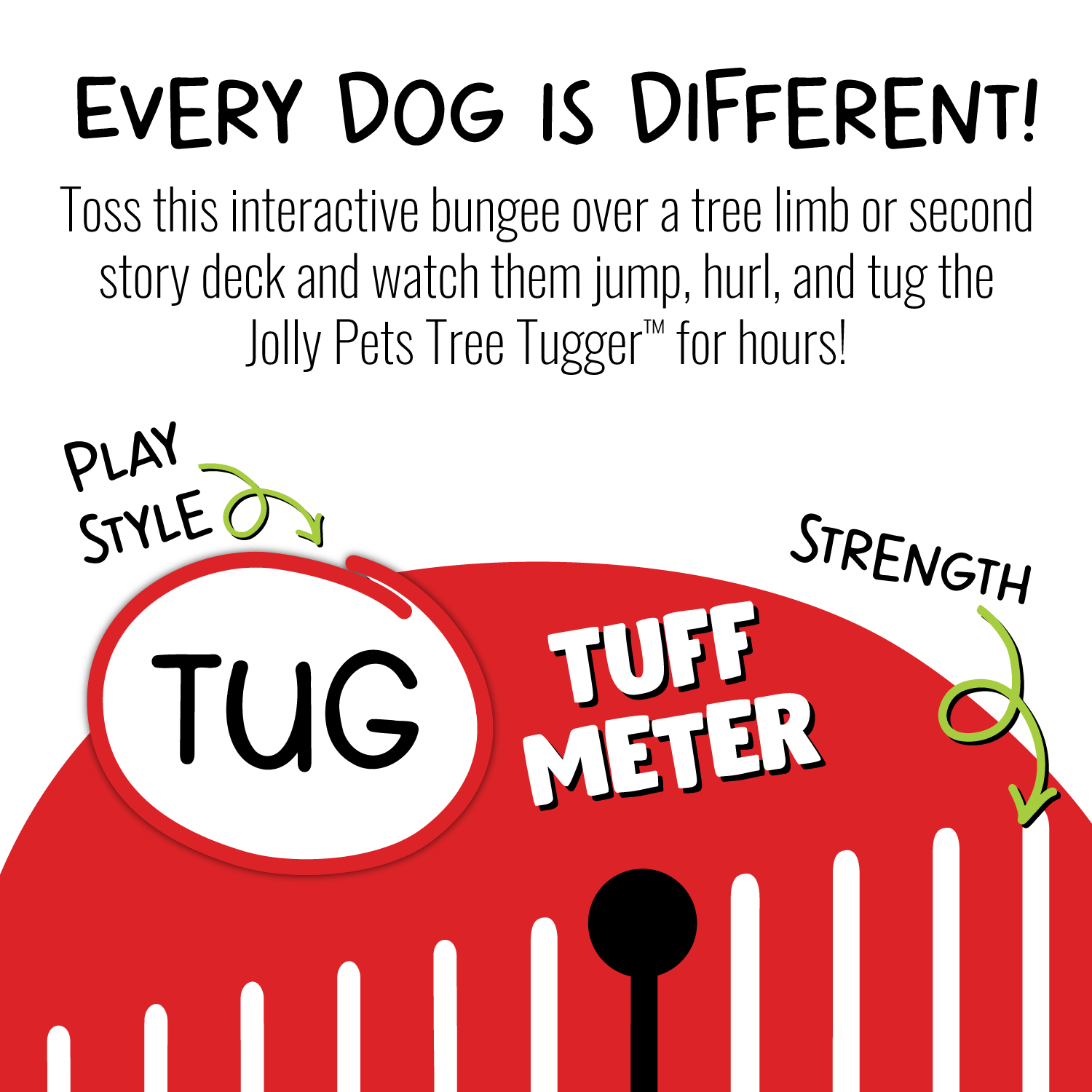 Promotional graphic for Jolly Pets Tree Tugger with text and a red bungee toy design.
