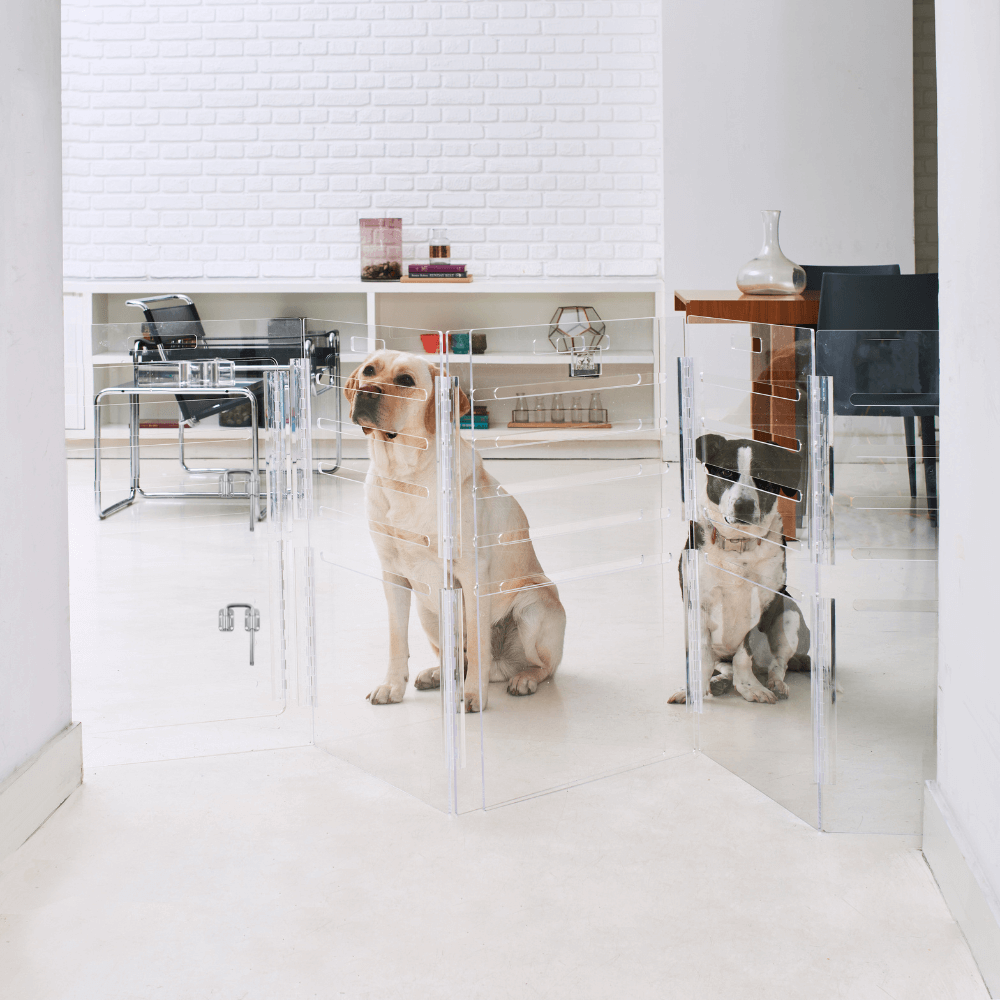 Hiddin medium crate wall panels arranged as zig-zag pet gate