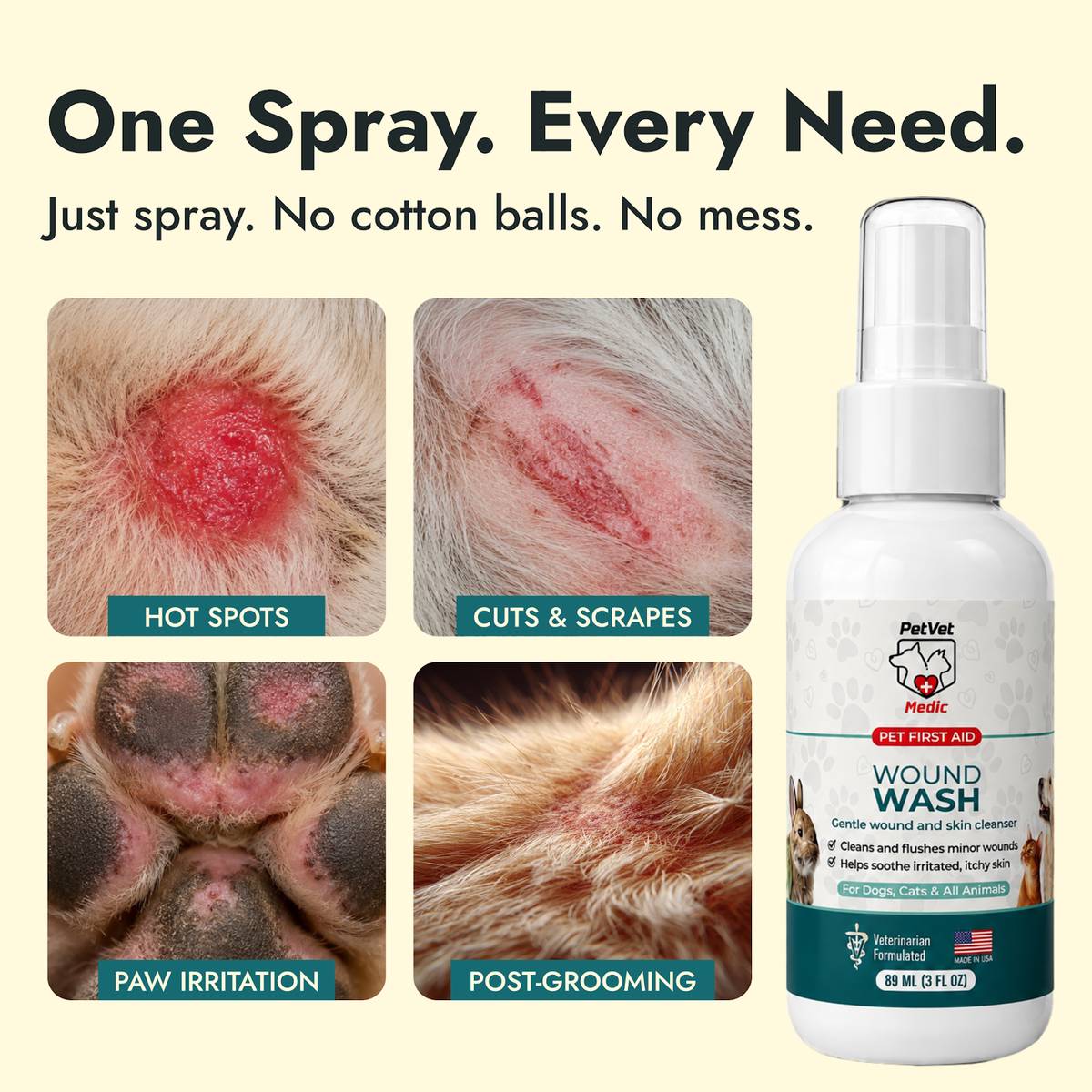 Detalle de cuidado de heridas de PetVet Medic® Lavado de heridas para perros y gatos - 3 oz